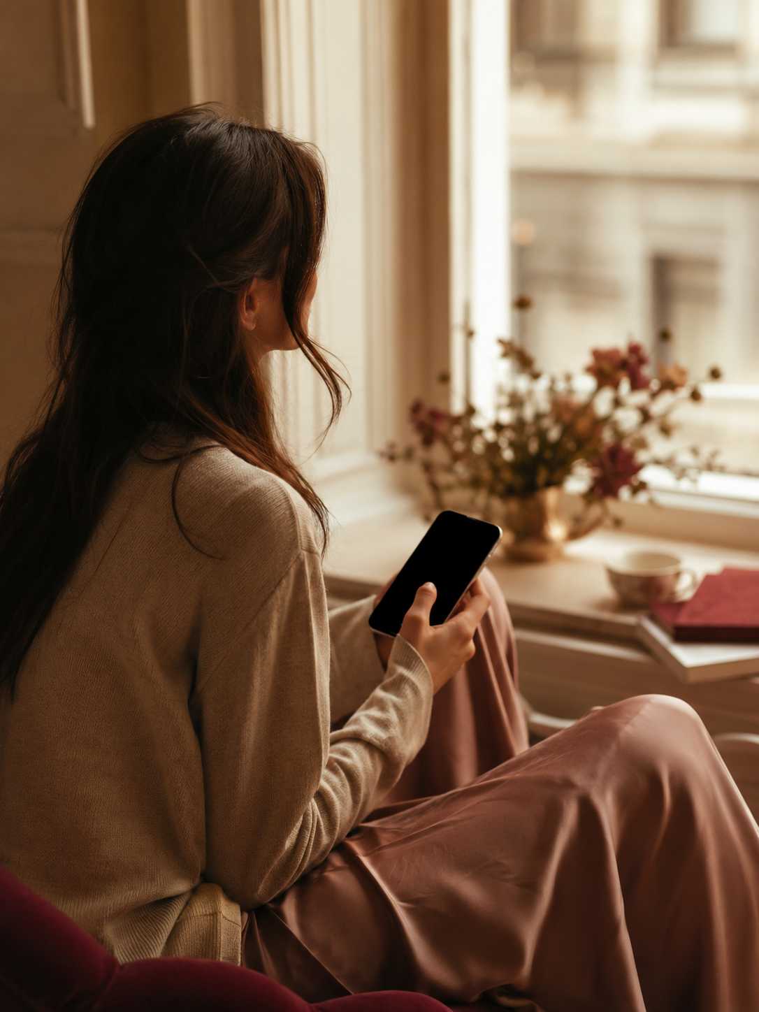 Eine junge Frau am Fenster, nachdenklich mit Smartphone in der Hand, warmes Spätnachmittagslicht