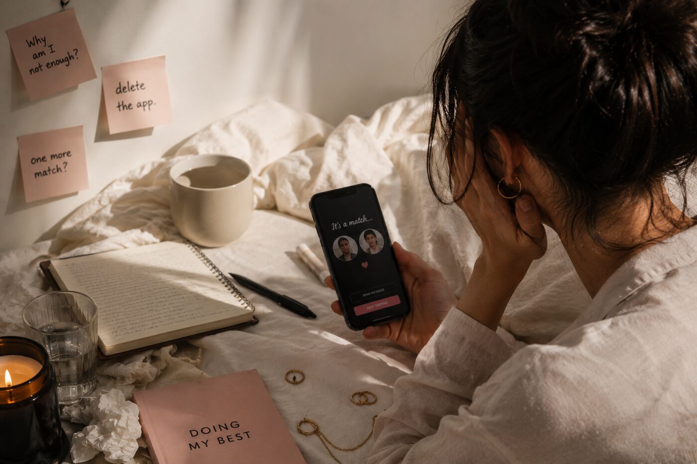 Frau liegt abends im Bett und blickt auf ein „It's a match