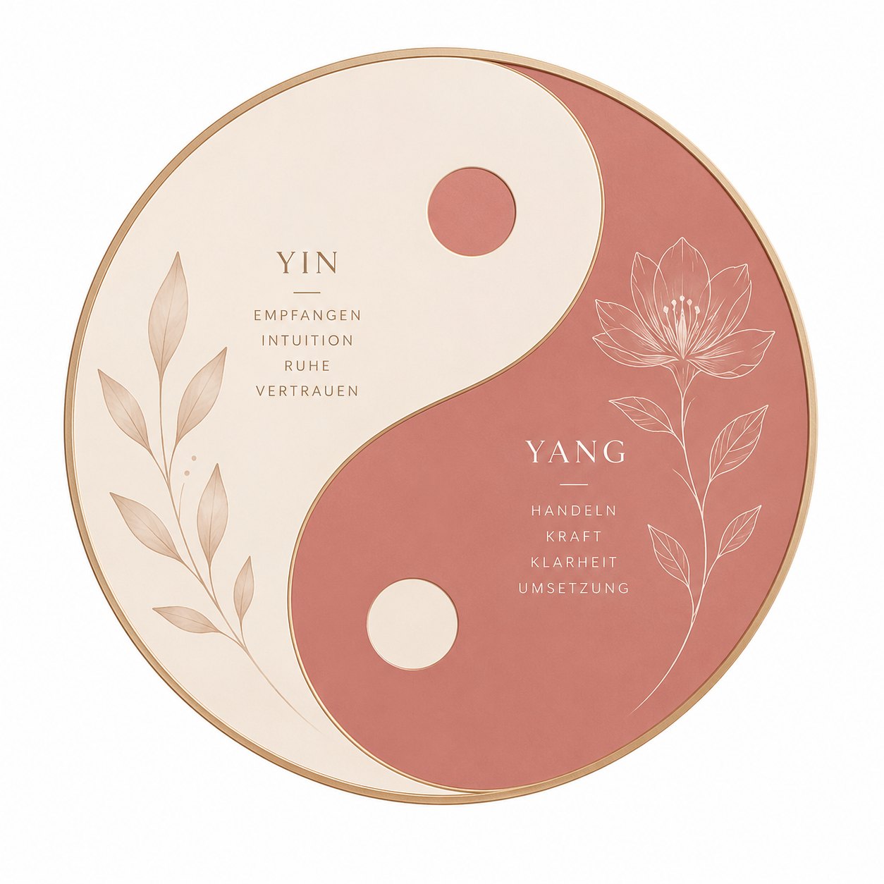 Yin-und-Yang-Kreis in Creme und Rosé: Yin steht für Empfangen, Intuition, Ruhe und Vertrauen, Yang für Handeln, Kraft, Klarheit und Umsetzung
