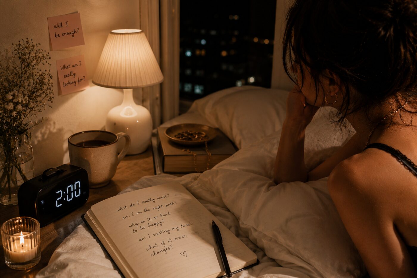 Frau liegt nachts wach im Bett, Wecker zeigt 2:00, daneben ein Tagebuch mit Fragen wie „what do I really want?