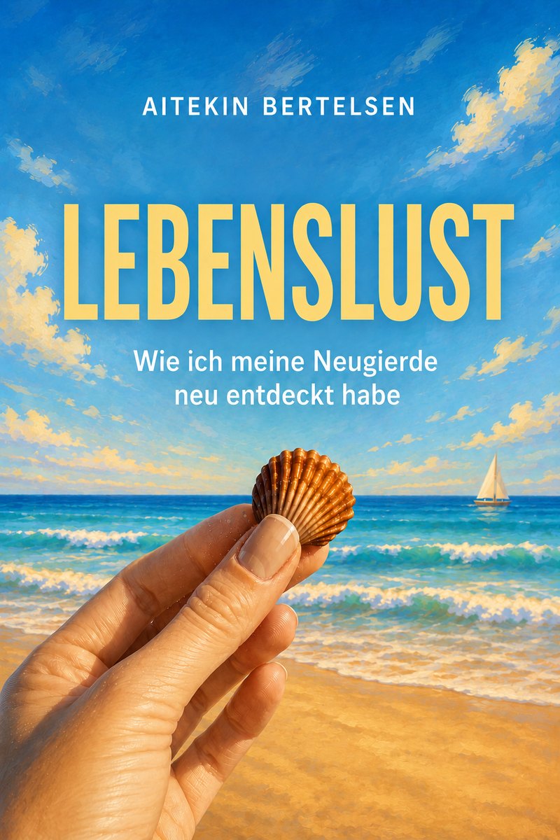 Buchcover Lebenslust von Aitekin Bertelsen: eine Hand hält eine Muschel vor Meer und Strand