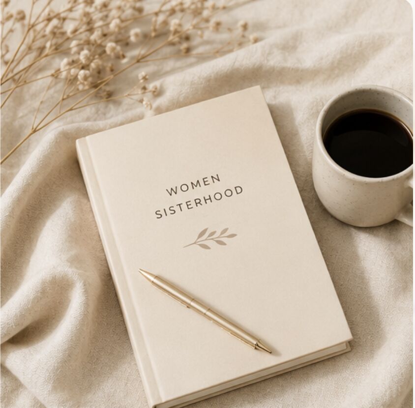 Notizbuch mit Aufschrift Women Sisterhood, goldener Stift und Kaffeetasse auf weichem cremefarbenen Stoff
