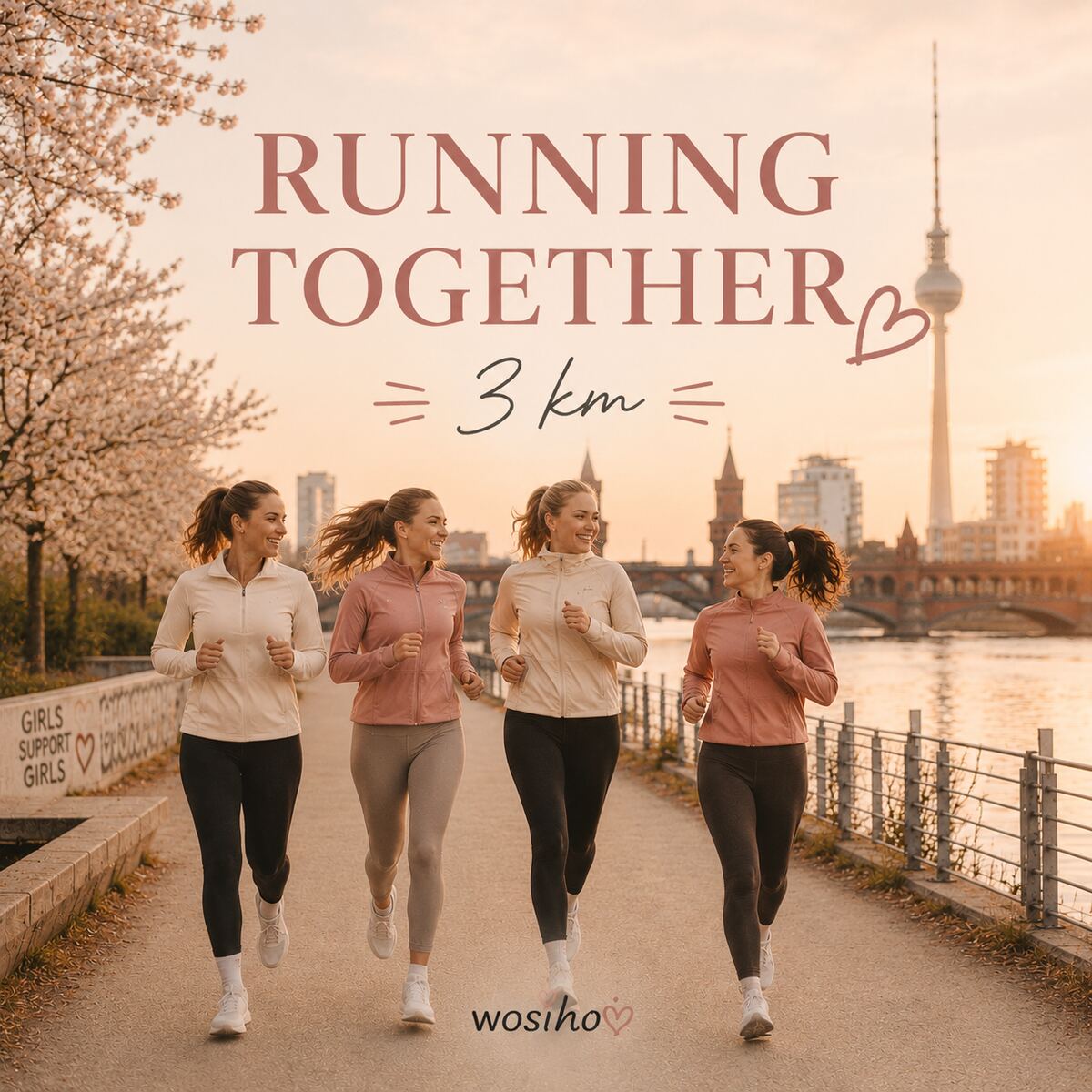 Vier Frauen joggen gemeinsam an der Spree in Berlin bei Sonnenuntergang, Kirschblüten links, Fernsehturm im Hintergrund
