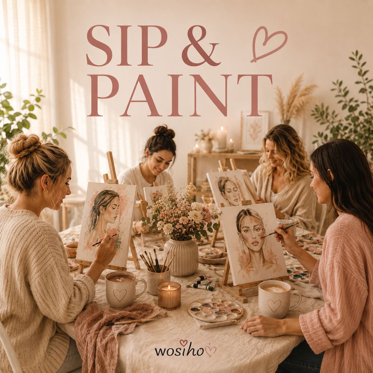Vier Frauen malen gemeinsam an Staffeleien, mit Kaffee, Kerzen und Blumen — Sip-and-Paint-Nachmittag der WoSiHo Sisters