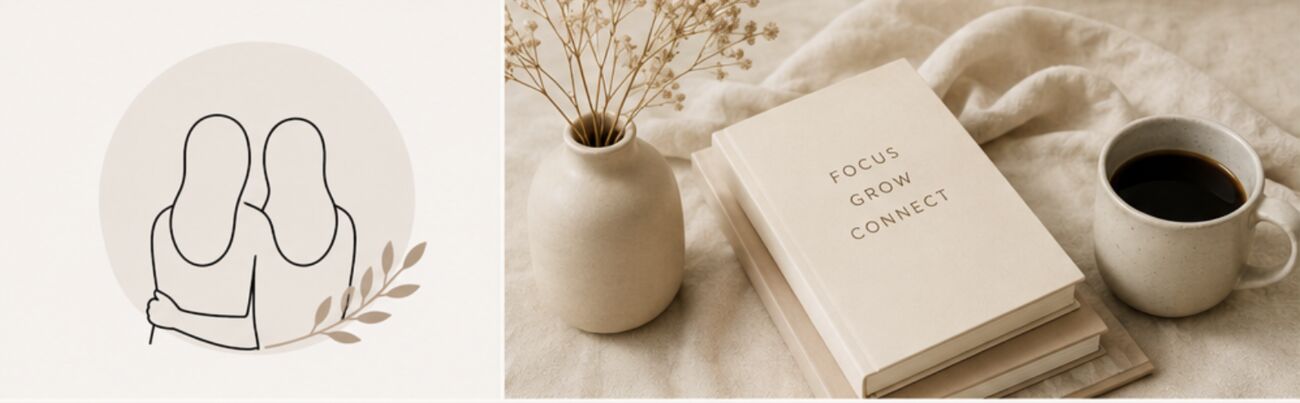 Zwei Frauen Arm in Arm als Linienzeichnung neben einem Stapel beiger Notizbücher mit Aufschrift Focus Grow Connect, Vase mit getrockneten Blumen und Kaffeetasse