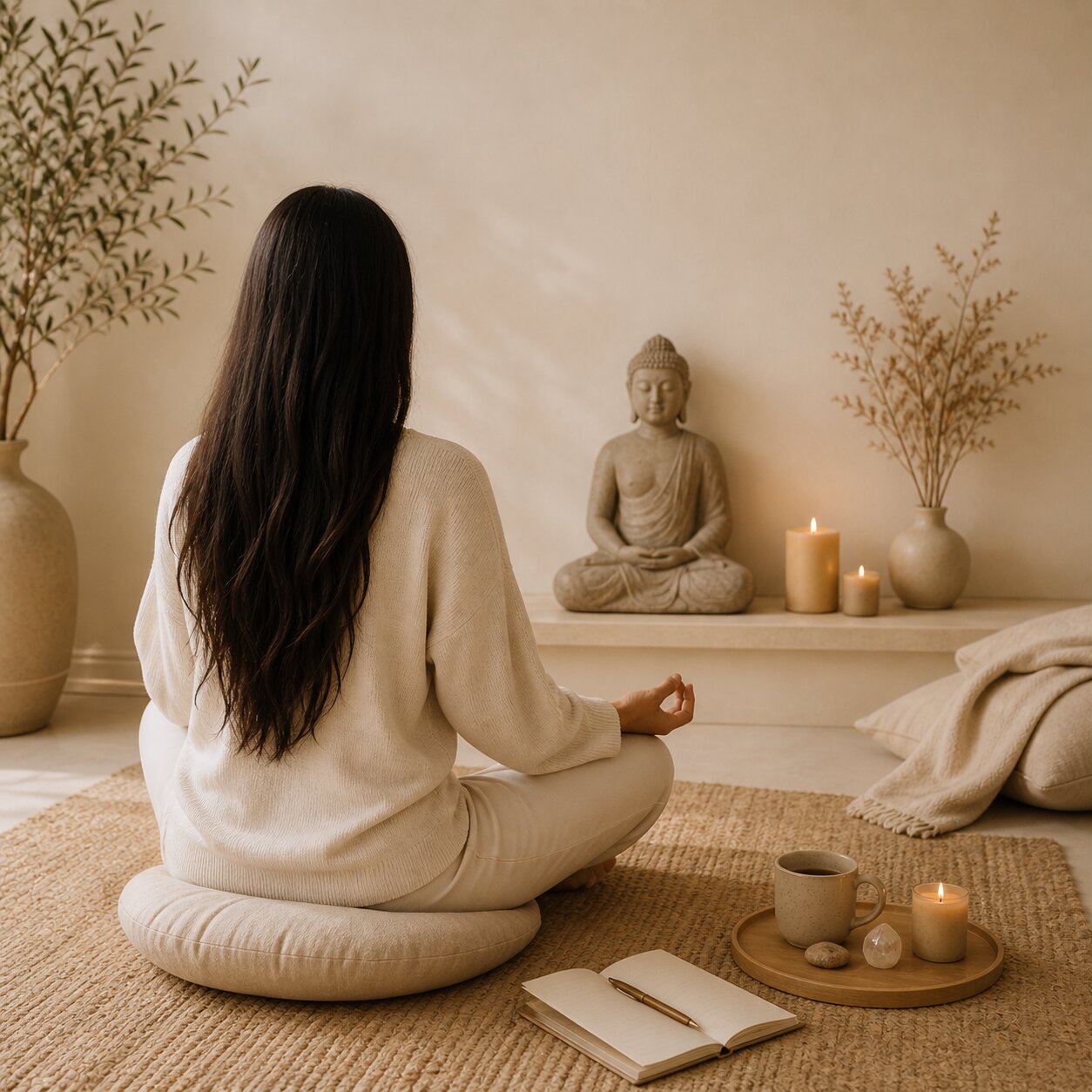 Eine Frau in Meditation, in beigem Wohnraum mit Buddha-Statue, Kerzen und Tagebuch