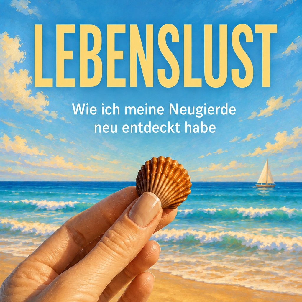 Podcast-Cover Lebenslust: eine Hand hält eine Muschel vor Meer und Strand