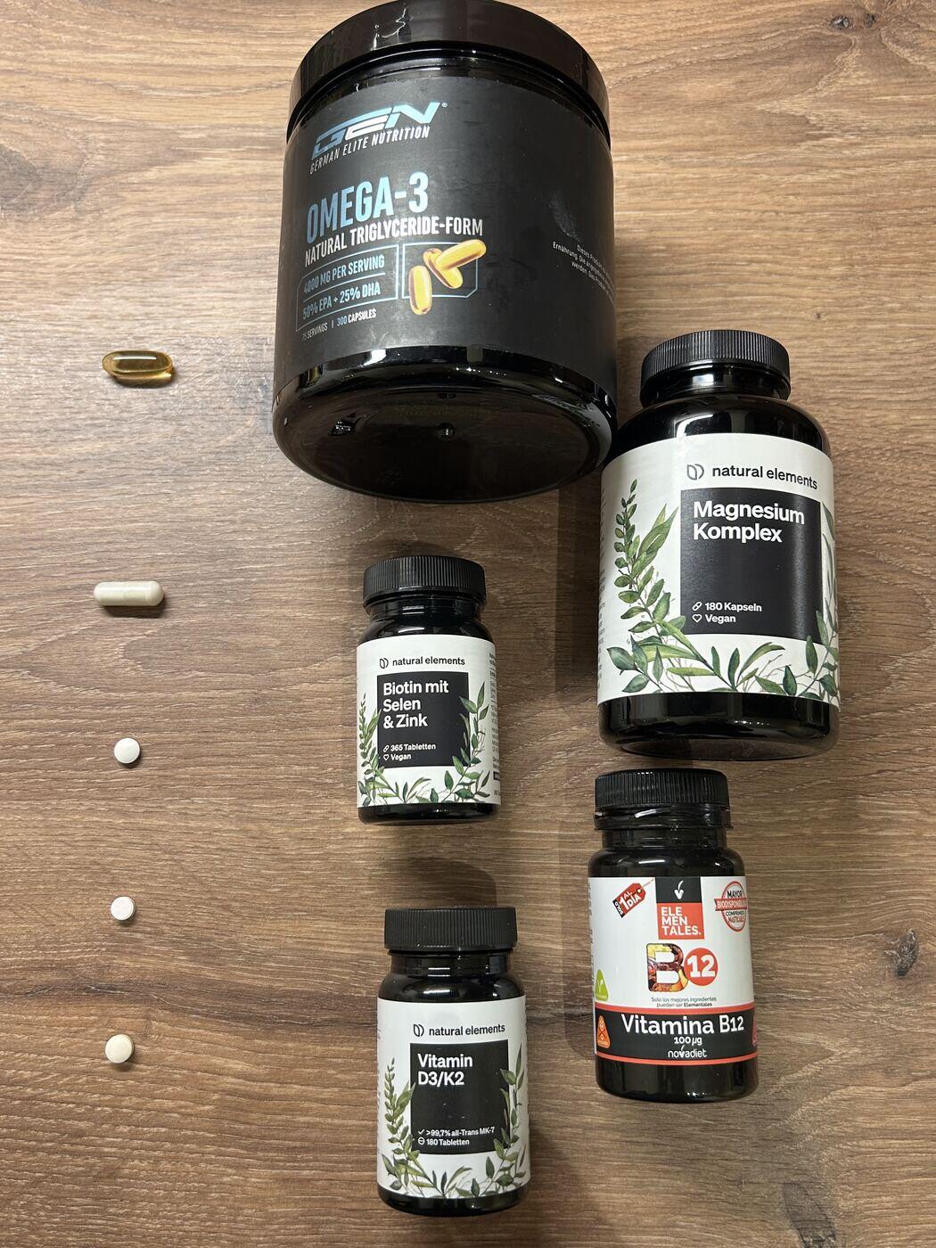 Aitekins tägliche Supplements: Omega-3, Magnesium, Biotin mit Selen & Zink, Vitamin D3/K2 und Vitamin B12