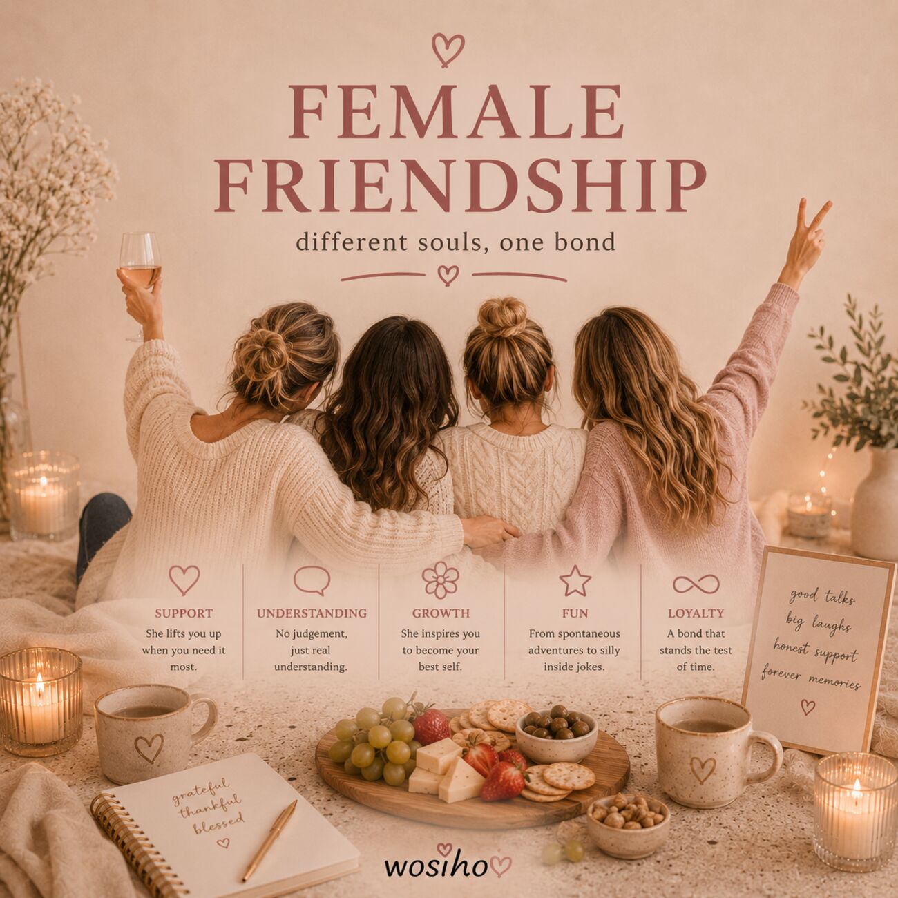 Vier Frauen Arm in Arm von hinten — Female Friendship, different souls one bond. Mit Eigenschaften Support, Understanding, Growth, Fun, Loyalty