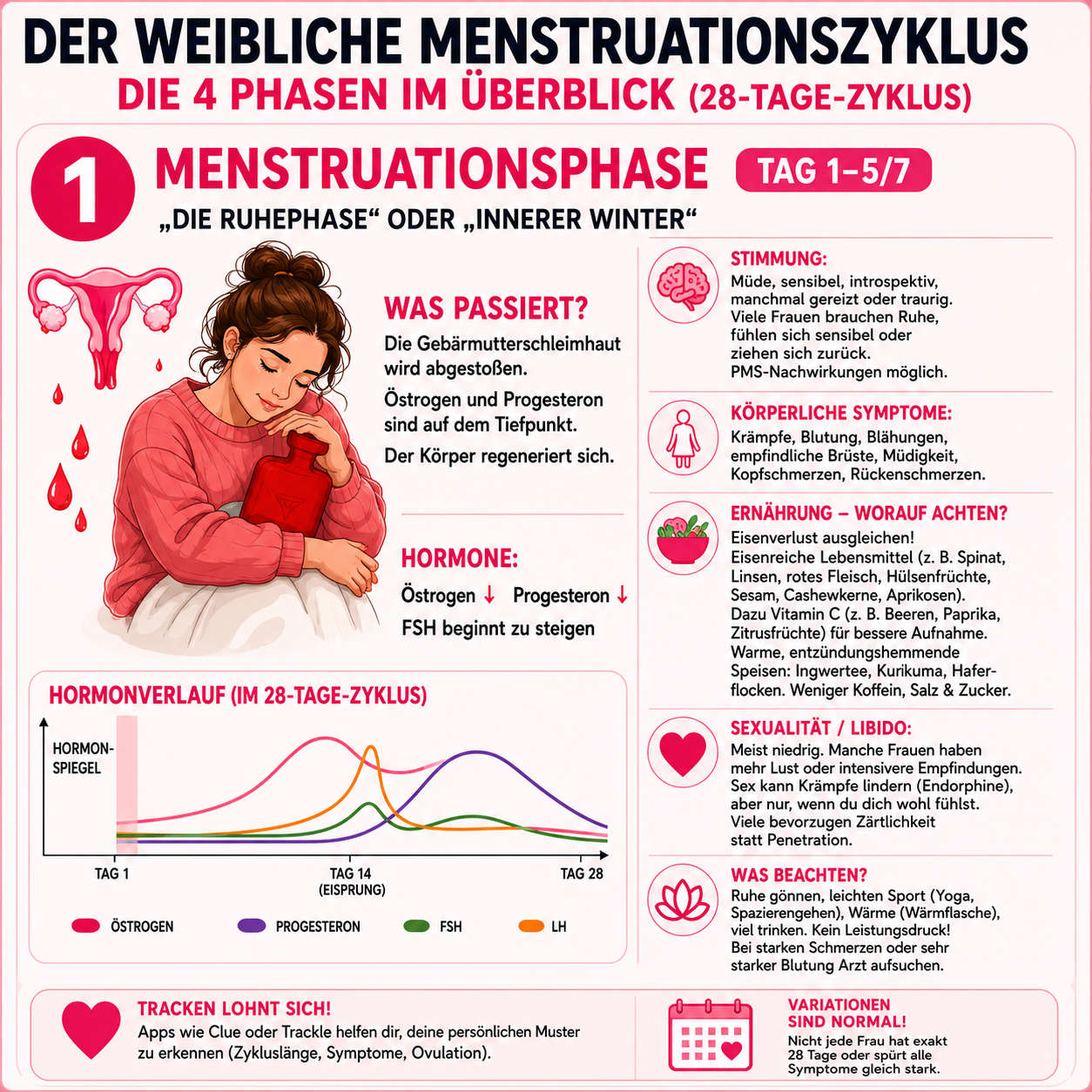 Infografik: Menstruationsphase, Tag 1 bis 5/7, Innerer Winter — Hormonverlauf, Stimmung, Symptome, Ernährung und Selbstfürsorge im Überblick